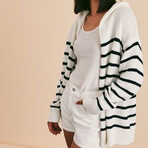 Striped Hooded Cardigan Sweater in White and Black